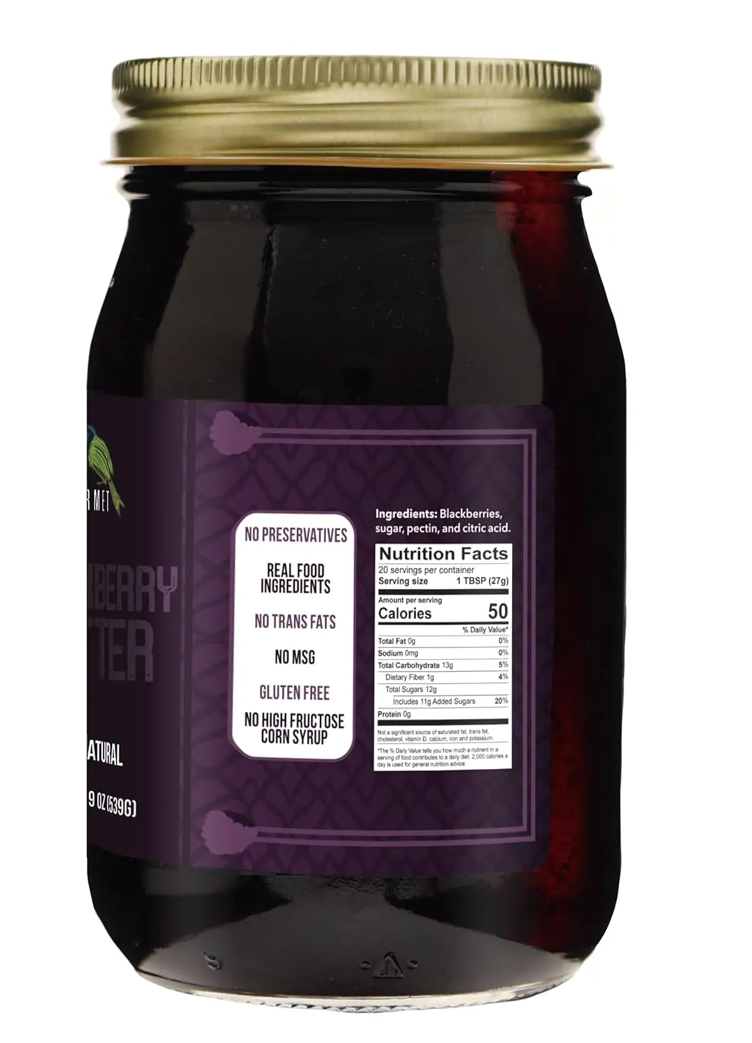Green Jay Gourmet Blackberry Butter - All-Natural, Gluten-Free Fruit Spread - Blackberry Spread with Fresh Blackberries - Gourmet Fruit Butter - No Corn Syrup, Preservatives or Trans-Fats - 19 Ounces