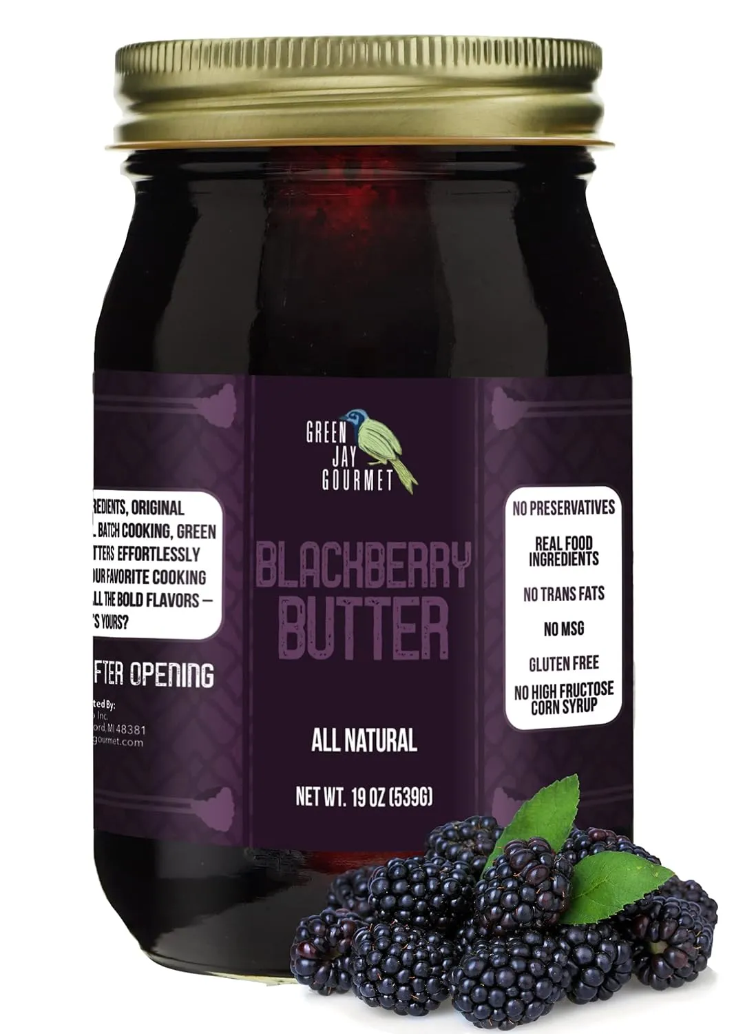 Green Jay Gourmet Blackberry Butter - All-Natural, Gluten-Free Fruit Spread - Blackberry Spread with Fresh Blackberries - Gourmet Fruit Butter - No Corn Syrup, Preservatives or Trans-Fats - 19 Ounces