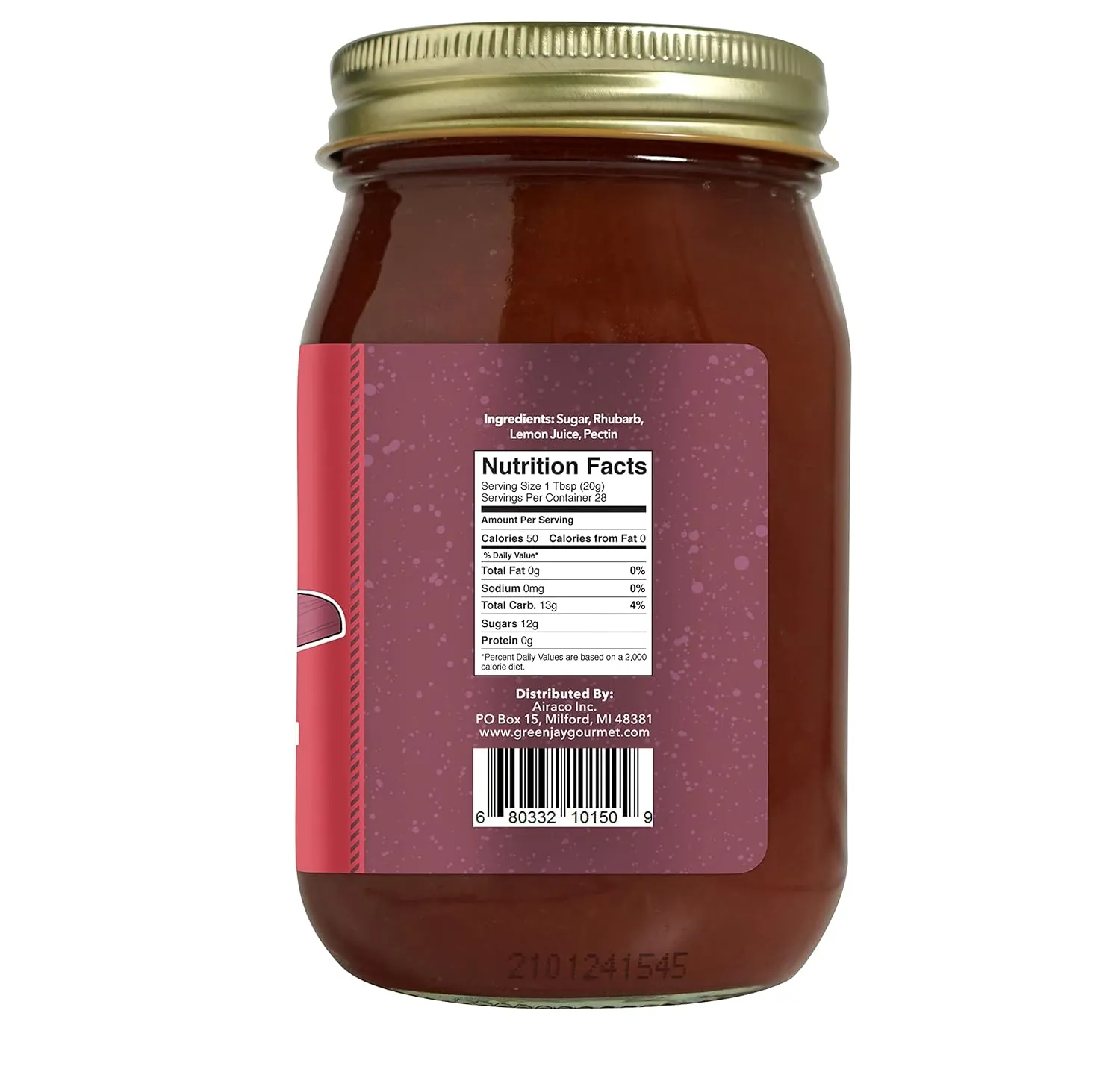 Green Jay Gourmet Rhubarb Jam - All-Natural Fruit Jam with Rhubarb & Lemon Juice - Vegan, Gluten-free Jam - Contains No Preservatives or Corn Syrup - Made in USA - 20 Ounces