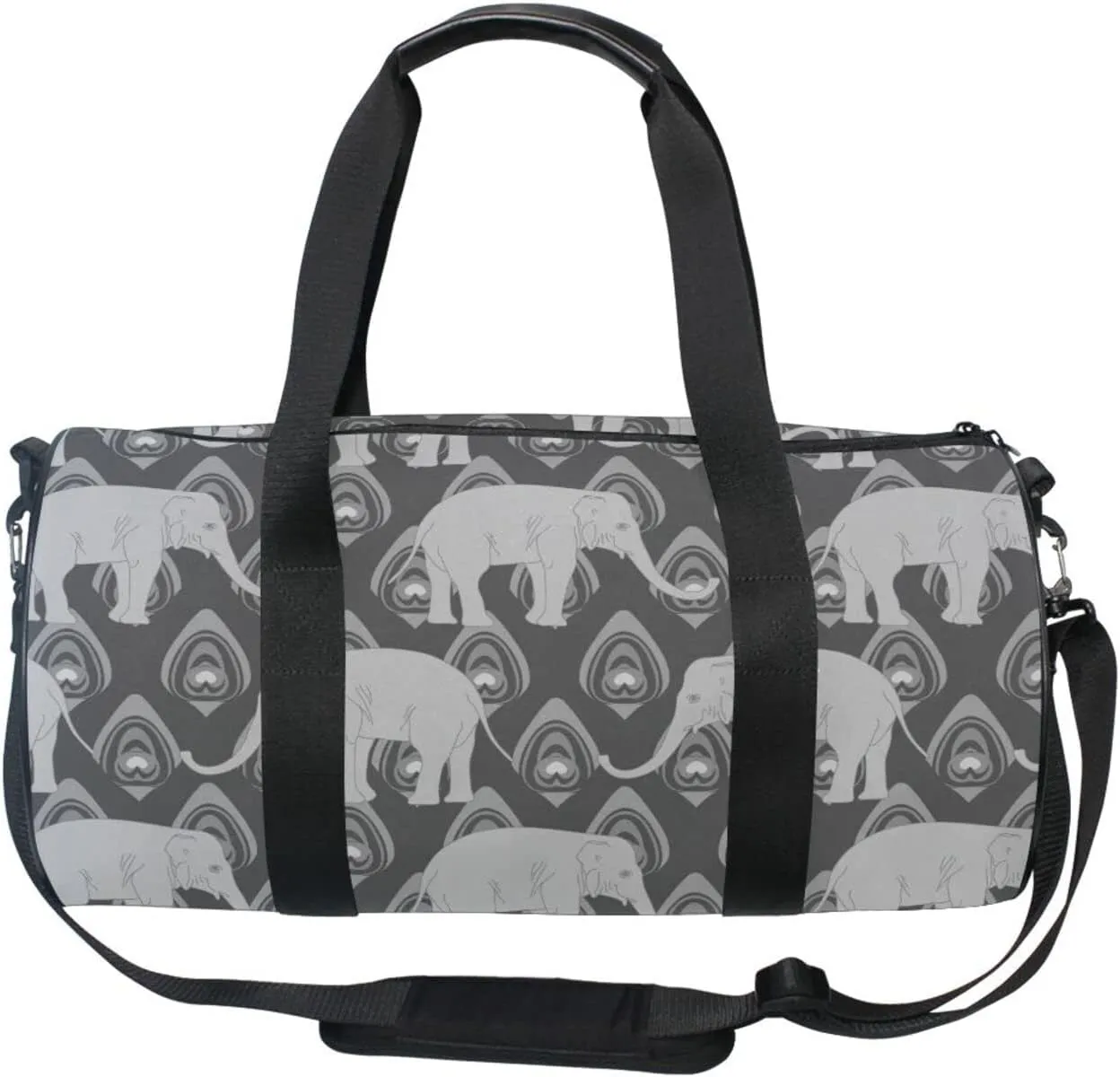 Grey Monochrome Tribal Ethnic Indian Elephant Peacock Feather Duffel Bag, Foldable Canvas Travel Tote for Gym Sports with Inner Pockets, Durable Lightweight Fitness Bag for Overnight Workout