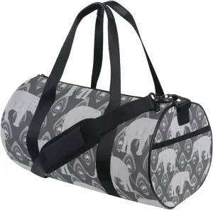 Grey Monochrome Tribal Ethnic Indian Elephant Peacock Feather Duffel Bag, Foldable Canvas Travel Tote for Gym Sports with Inner Pockets, Durable Lightweight Fitness Bag for Overnight Workout