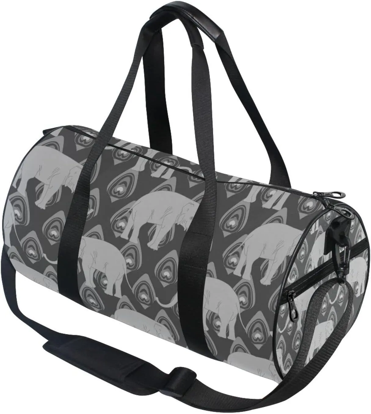 Grey Monochrome Tribal Ethnic Indian Elephant Peacock Feather Duffel Bag, Foldable Canvas Travel Tote for Gym Sports with Inner Pockets, Durable Lightweight Fitness Bag for Overnight Workout