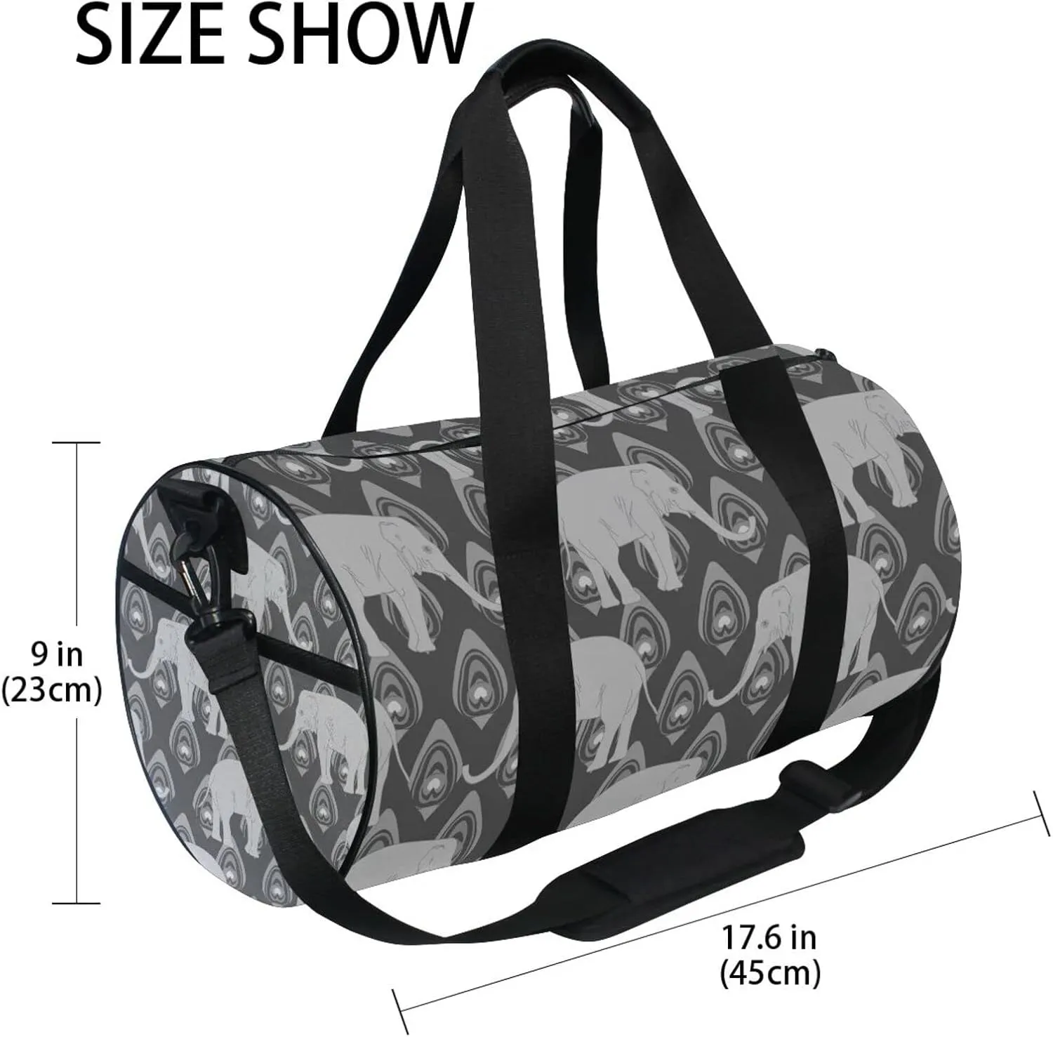 Grey Monochrome Tribal Ethnic Indian Elephant Peacock Feather Duffel Bag, Foldable Canvas Travel Tote for Gym Sports with Inner Pockets, Durable Lightweight Fitness Bag for Overnight Workout