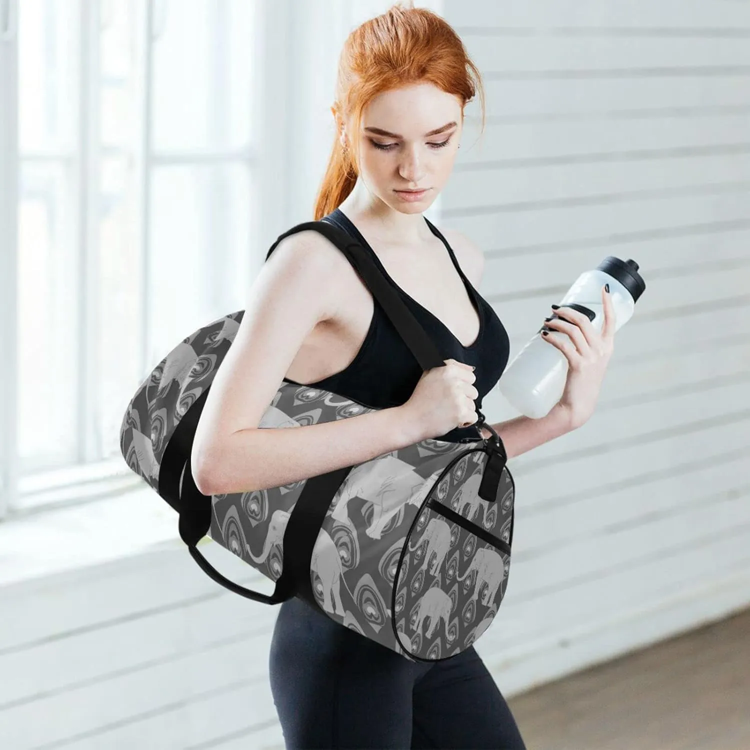 Grey Monochrome Tribal Ethnic Indian Elephant Peacock Feather Duffel Bag, Foldable Canvas Travel Tote for Gym Sports with Inner Pockets, Durable Lightweight Fitness Bag for Overnight Workout