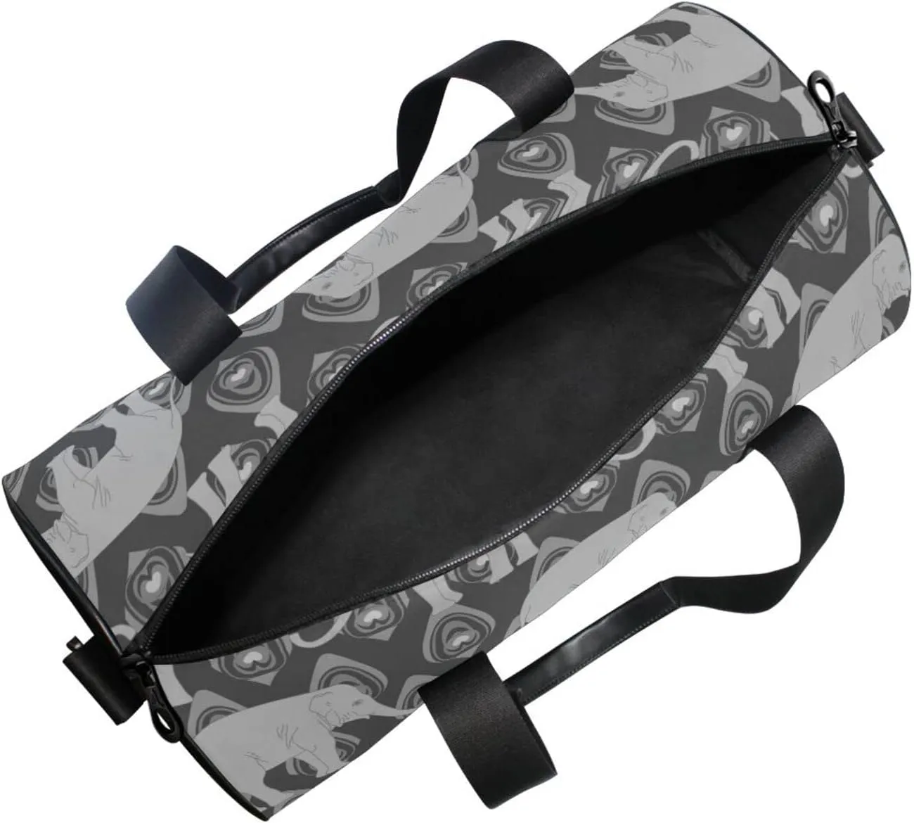 Grey Monochrome Tribal Ethnic Indian Elephant Peacock Feather Duffel Bag, Foldable Canvas Travel Tote for Gym Sports with Inner Pockets, Durable Lightweight Fitness Bag for Overnight Workout