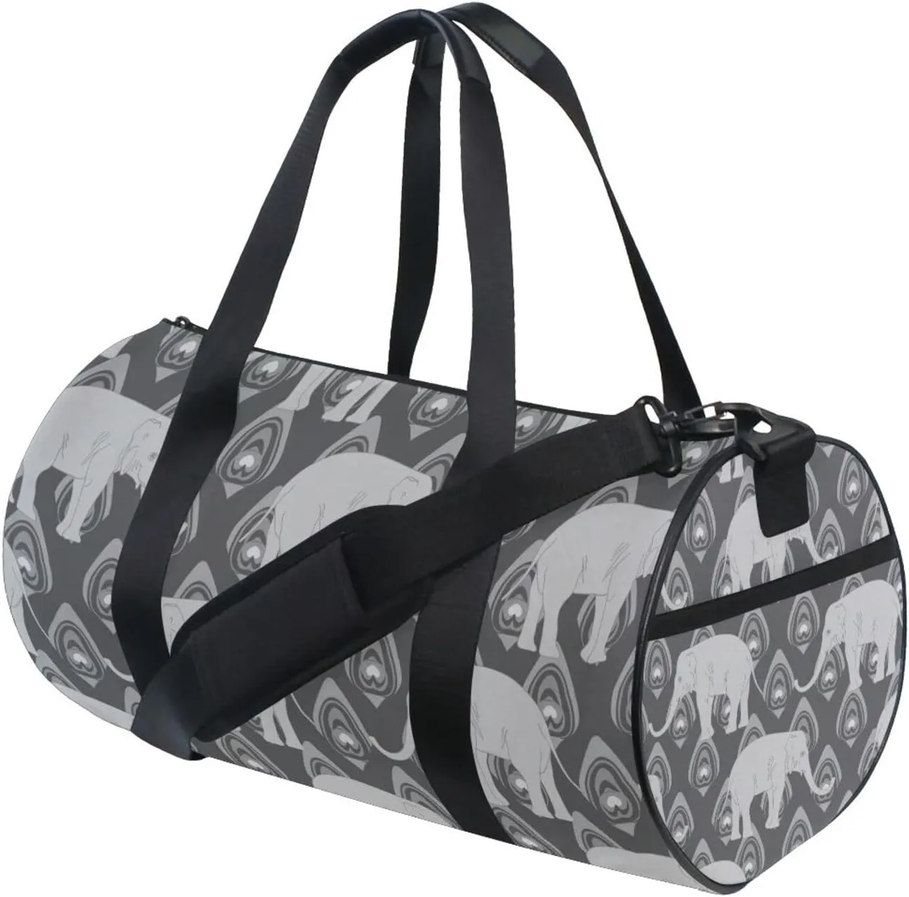 Grey Monochrome Tribal Ethnic Indian Elephant Peacock Feather Duffel Bag, Foldable Canvas Travel Tote for Gym Sports with Inner Pockets, Durable Lightweight Fitness Bag for Overnight Workout
