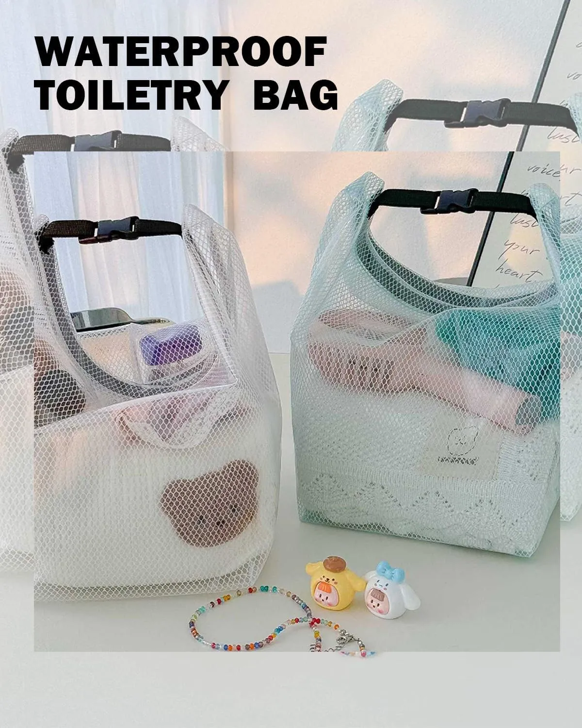 GRINKO Mesh Shower Bag Travel Makeup Pouch for Women Waterproof Toiletry Bag Plastic Make Up Bags for Carry On with Buckle Handle White
