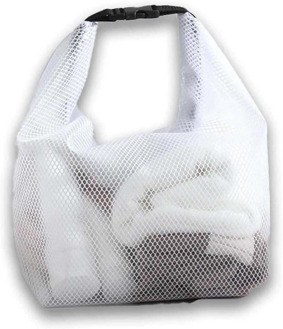 GRINKO Mesh Shower Bag Travel Makeup Pouch for Women Waterproof Toiletry Bag Plastic Make Up Bags for Carry On with Buckle Handle White