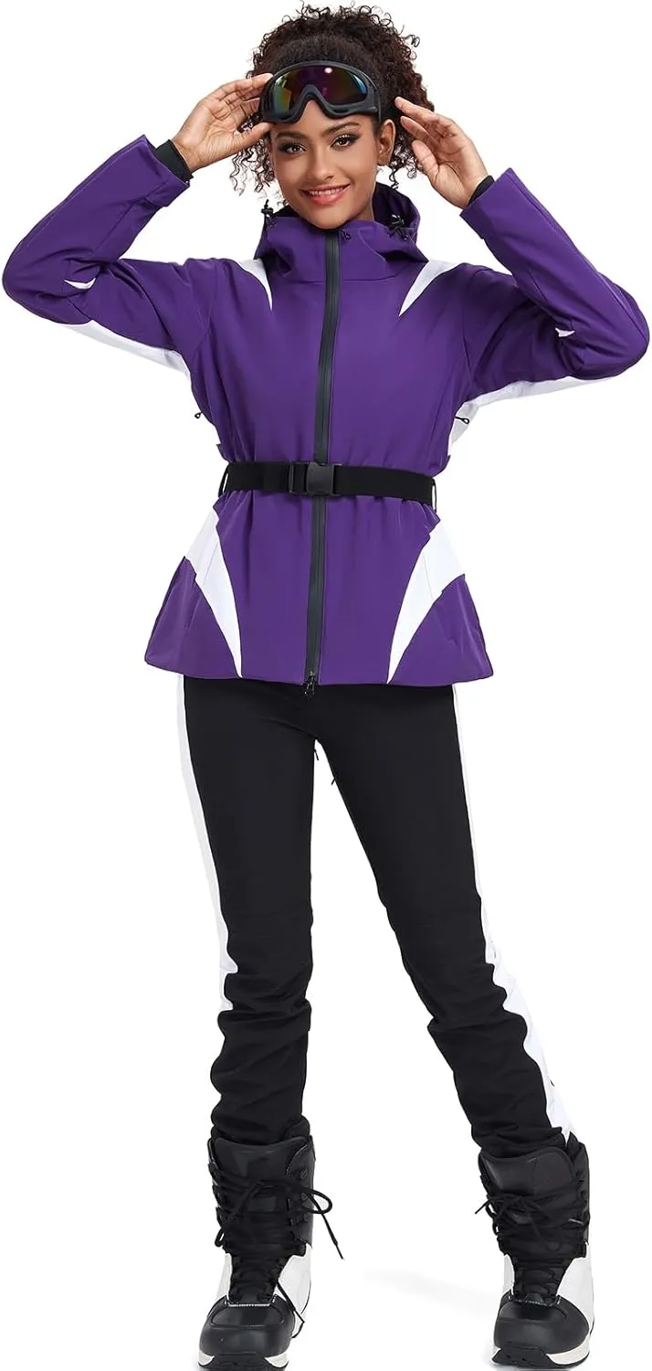 GS SNOWING Women's Ski Jackets Snowboard Coats Windproof Waterproof Insulated Warm Winter Mountain Hooded Jacket with Belt