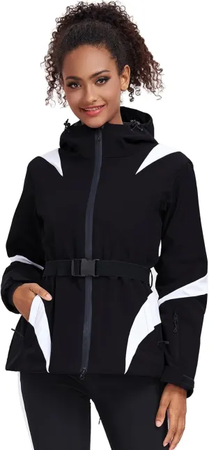 GS SNOWING Women's Ski Jackets Snowboard Coats Windproof Waterproof Insulated Warm Winter Mountain Hooded Jacket with Belt