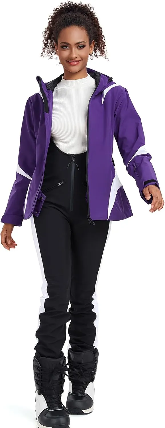 GS SNOWING Women's Ski Jackets Snowboard Coats Windproof Waterproof Insulated Warm Winter Mountain Hooded Jacket with Belt