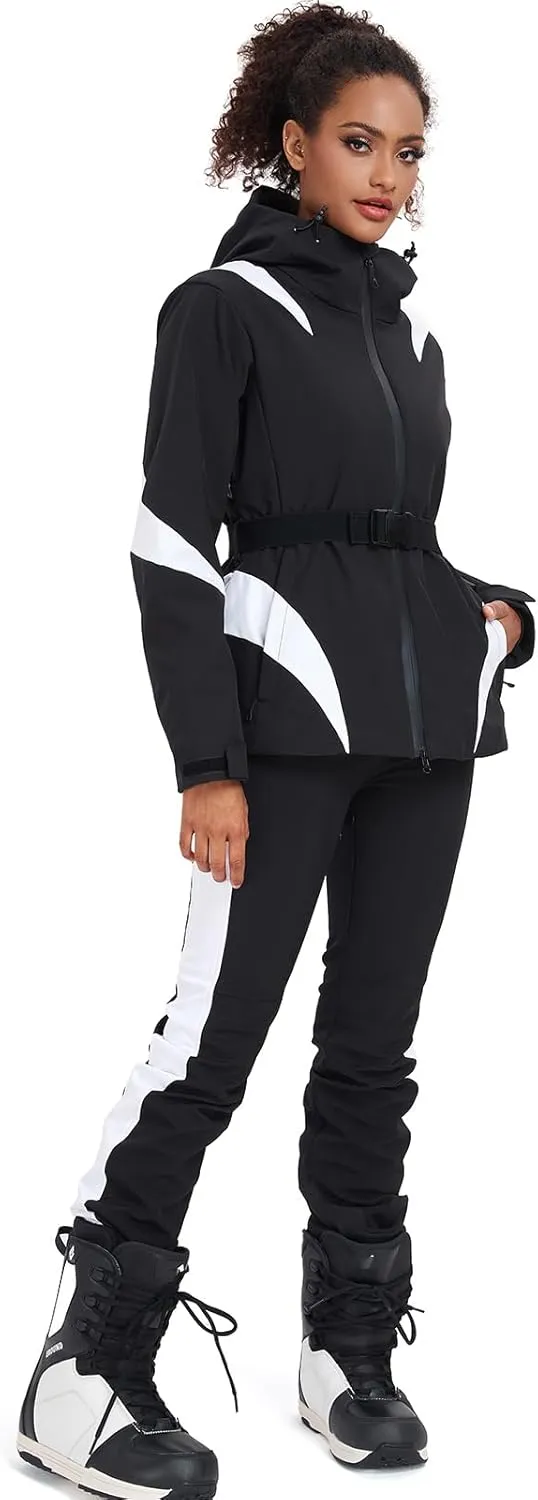GS SNOWING Women's Ski Jackets Snowboard Coats Windproof Waterproof Insulated Warm Winter Mountain Hooded Jacket with Belt