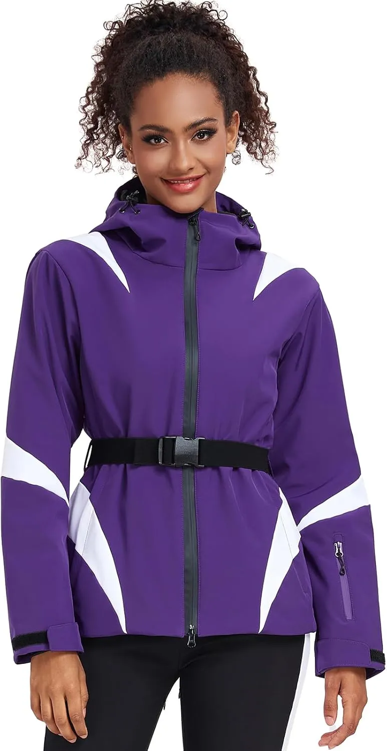 GS SNOWING Women's Ski Jackets Snowboard Coats Windproof Waterproof Insulated Warm Winter Mountain Hooded Jacket with Belt