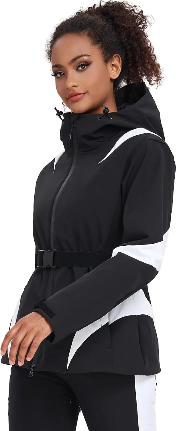 GS SNOWING Women's Ski Jackets Snowboard Coats Windproof Waterproof Insulated Warm Winter Mountain Hooded Jacket with Belt