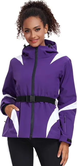 GS SNOWING Women's Ski Jackets Snowboard Coats Windproof Waterproof Insulated Warm Winter Mountain Hooded Jacket with Belt