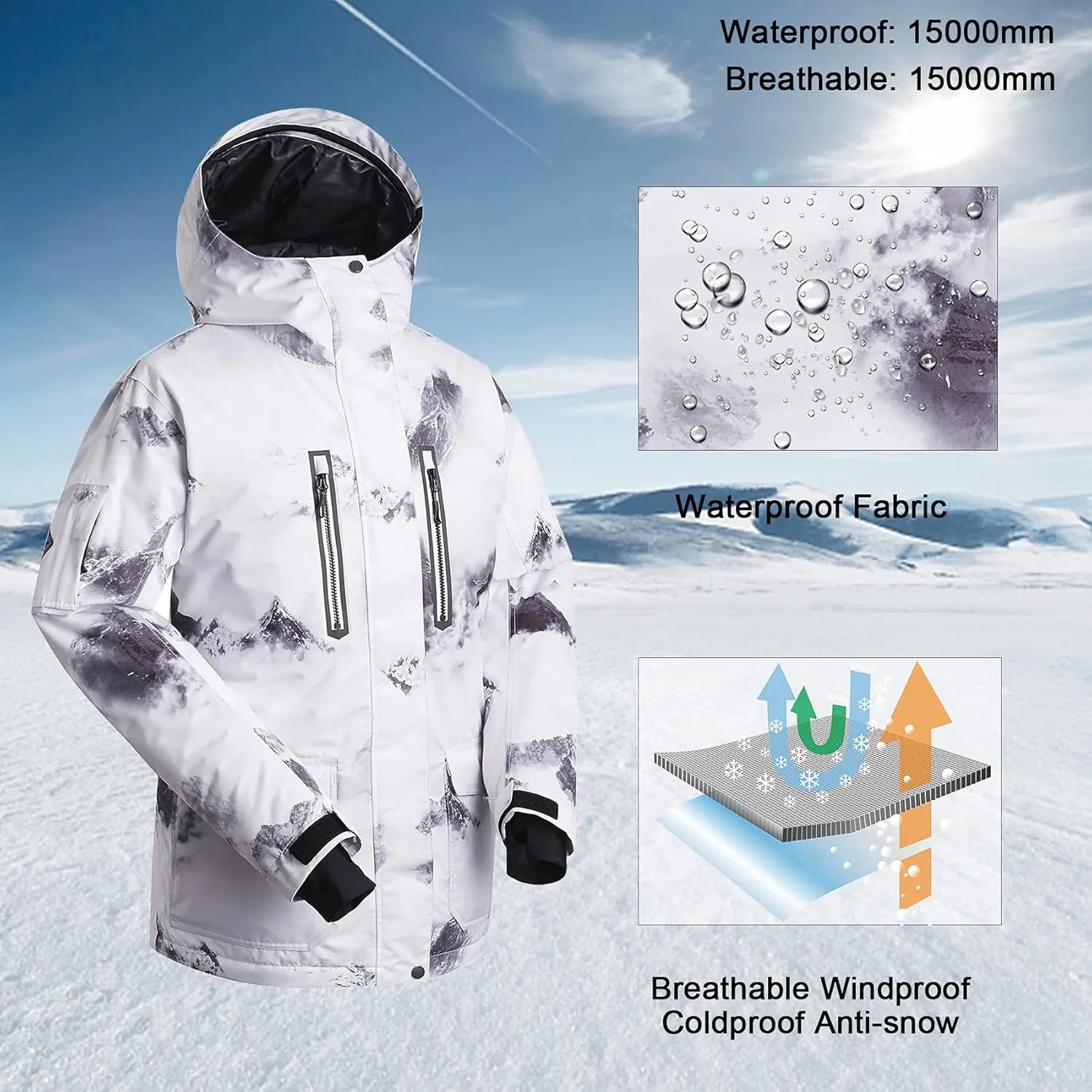 GSOU SNOW Men's Ski Jacket Snowboard Snow Coat Waterproof Windproof Insulated Winter Mountain Outdoor Sports Hooded Warm