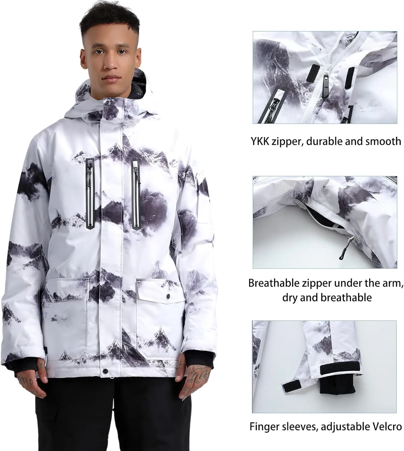 GSOU SNOW Men's Ski Jacket Snowboard Snow Coat Waterproof Windproof Insulated Winter Mountain Outdoor Sports Hooded Warm