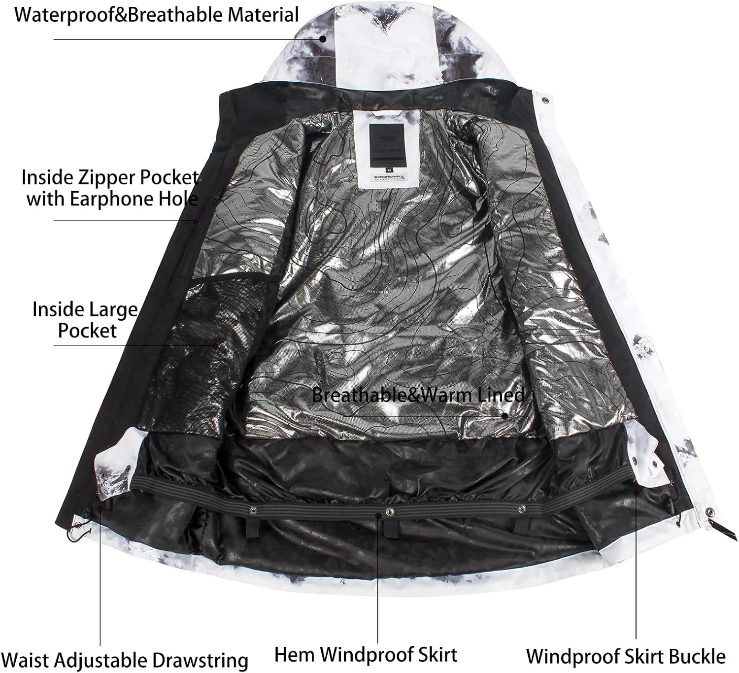 GSOU SNOW Men's Ski Jacket Snowboard Snow Coat Waterproof Windproof Insulated Winter Mountain Outdoor Sports Hooded Warm
