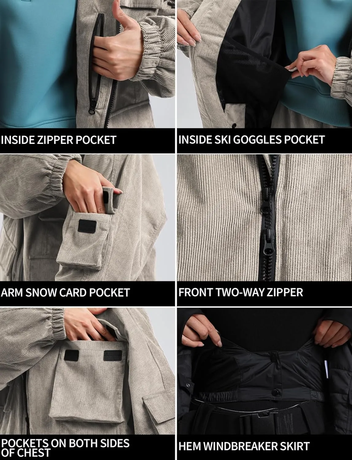 GSOU SNOW Womens Mens Baggy Snowboard Jacket Cargo Ski Cloth Multi-Pockets Warm Waterproof Windproof Mountain