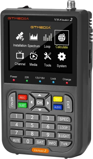 GT Media V8 Finder2 Satellite Finder Digital FTA DVB-S/S2/S2X Signal Measuring Meter Detector Receiver LCD Screen for Adjusting Sat TV Dish with Backpack