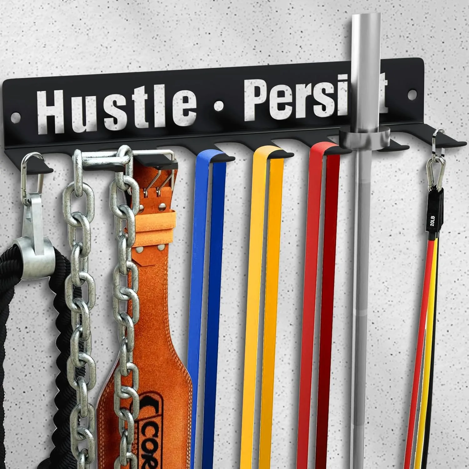 Gym Equipment Wall Storage Rack, Multi-Purpose Home Gym Organizer, Wall-Mounted Barbell Hanger for Resistance Bands, Lifting Belts, Straps, Jump Ropes, Dumbbells, Chains, Weight Belts