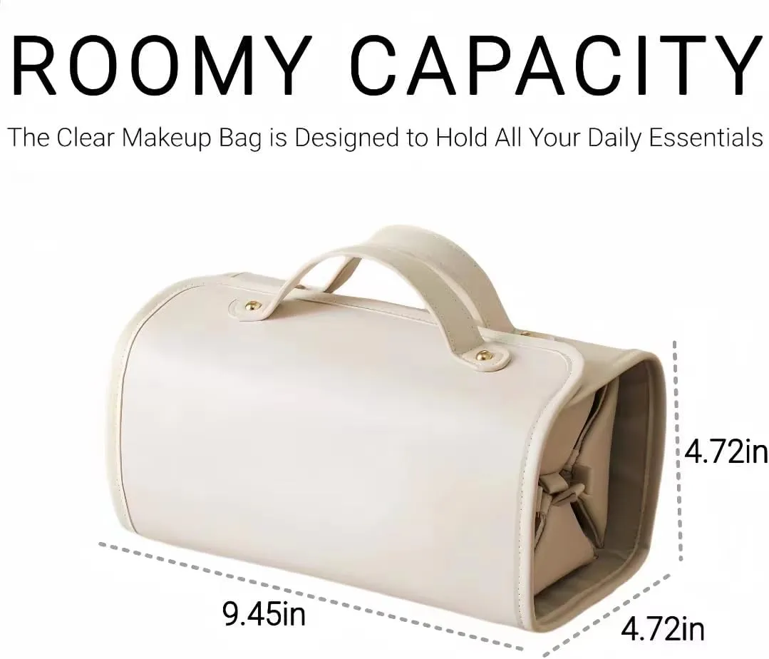 Hand-Roll Portable Clear Makeup Bags, Travel Cosmetic Zipper Pouch for Women, Transparent Makeup Organizer Storage Case with Make Up Brush Compartment, Clear Travel Toiletry Bags for Girls (Brown)