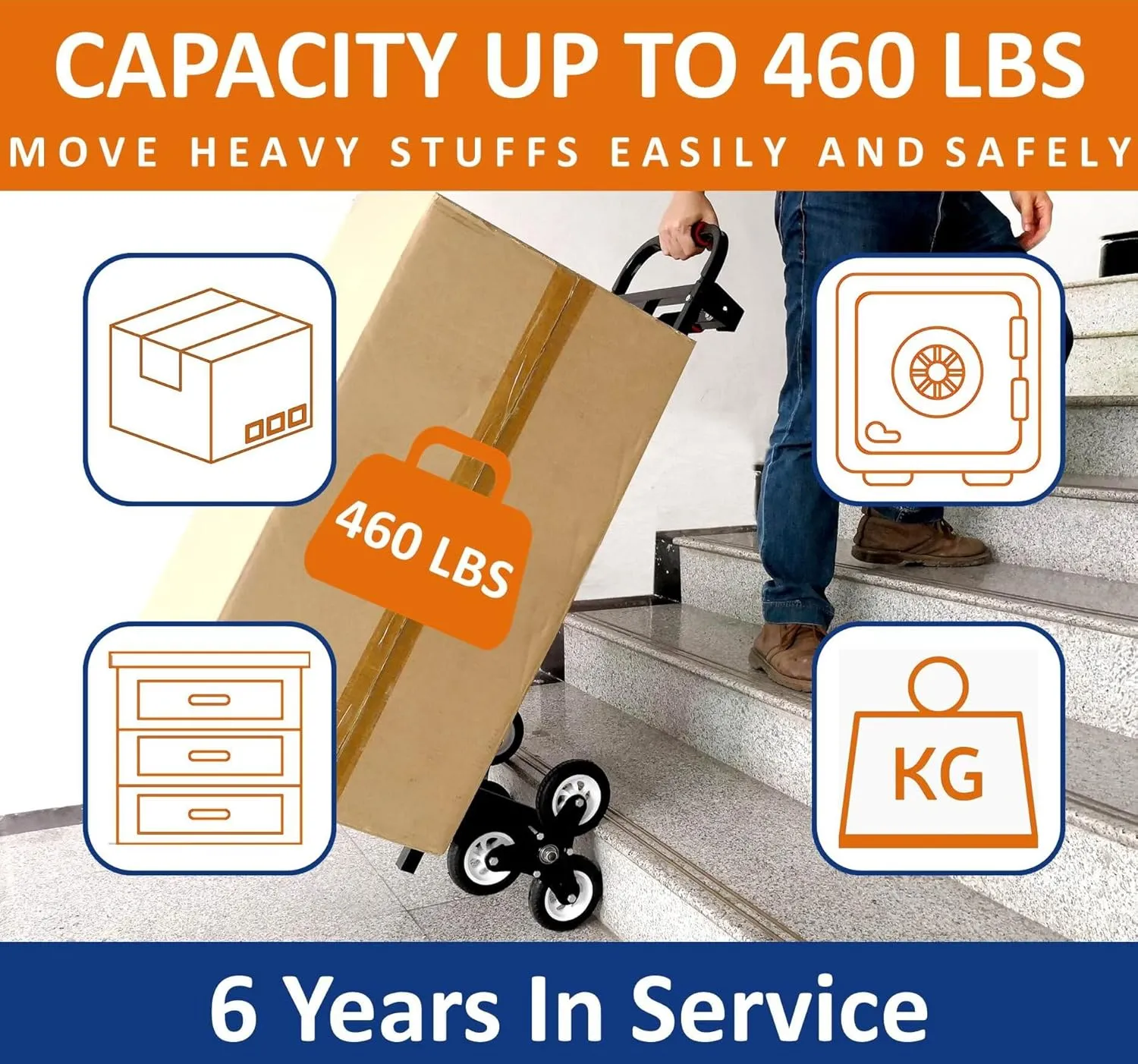 Hand Truck Dolly – 6 Years in Service – Stair Climbing Cart, Stair Climber Cart 460 Lb Capacity All Terrain Stair Dolly Heavy Duty with Telescoping Handle and 6 Wheels (Black) 2 Climbing Ropes