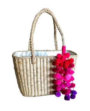 Handwoven Natural Straw Magenta Pom Pom Basket Tote Bag,Basket Bag,Straw Bag,Straw Basket Bag,Straw Basket Tote,Straw Tote Beach Bag,Straw Tote Beach,Beach Straw Bag,Straw Basket Purse,Straw Tote