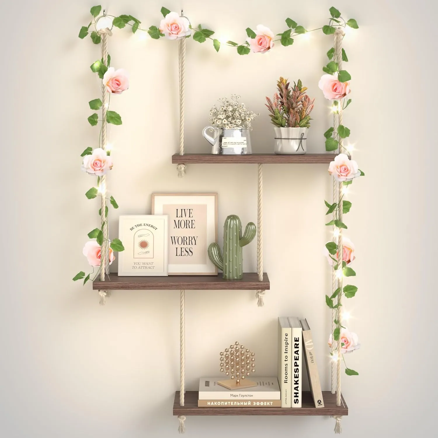 Hanging Shelves for Wall, 3 Tier Boho Hanging Plant Shelf, Floating Shelves Rope Rustic Wood Organizer Storage Hanger Rack for Aesthetic Home Bedroom Kitchen Bathroom (Champagne Flower)