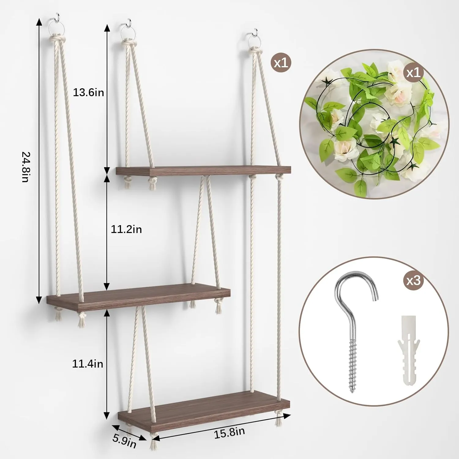Hanging Shelves for Wall, 3 Tier Boho Hanging Plant Shelf, Floating Shelves Rope Rustic Wood Organizer Storage Hanger Rack for Aesthetic Home Bedroom Kitchen Bathroom (Champagne Flower)