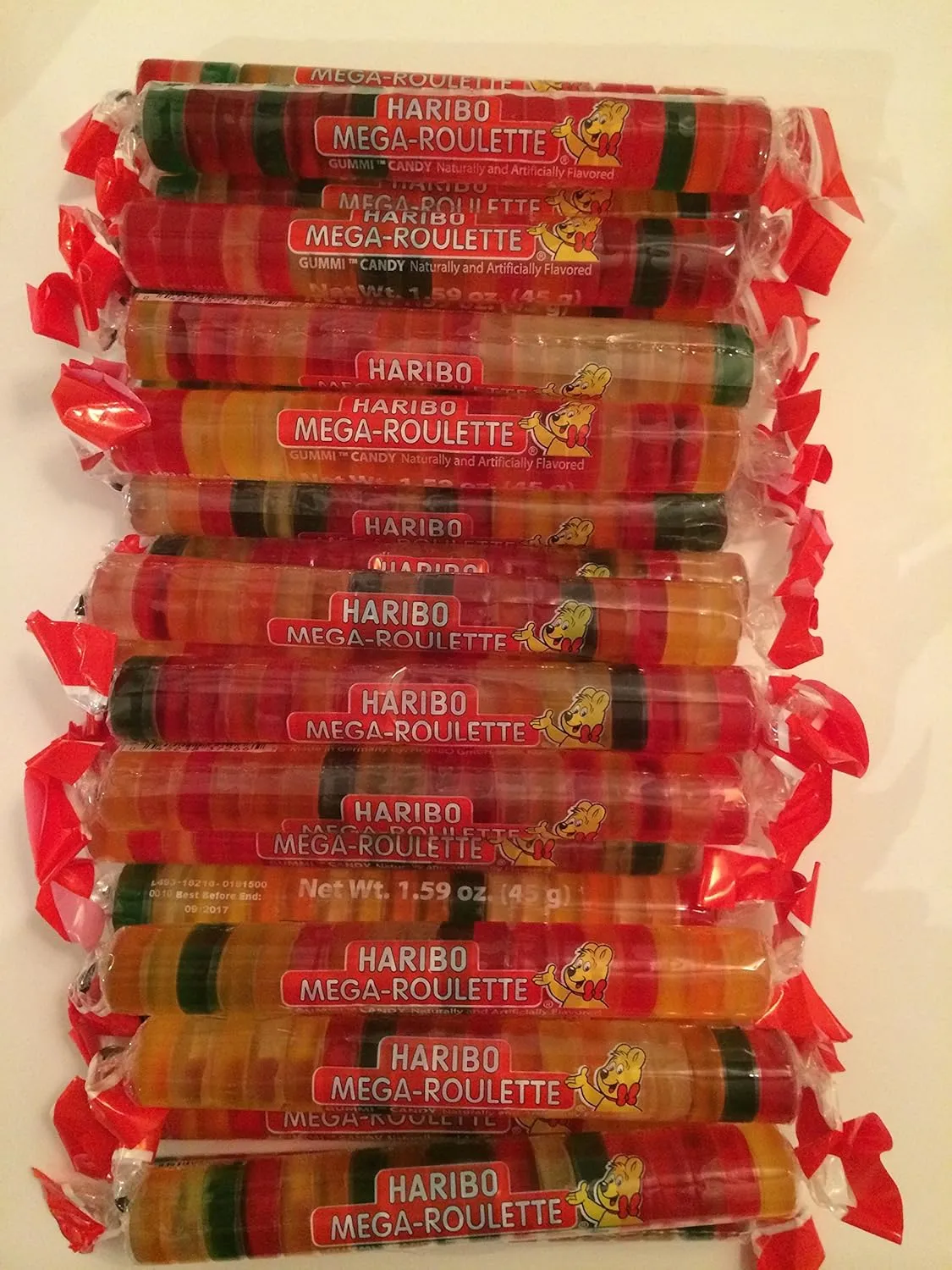 HARIBO Gummi Candy, Mega-Roulette Gummy Candy, 1.59 Ounce Rolls (Pack of 24) Delicious Soft & Chewy Sweet Snacks, Assorted Fruity Flavors