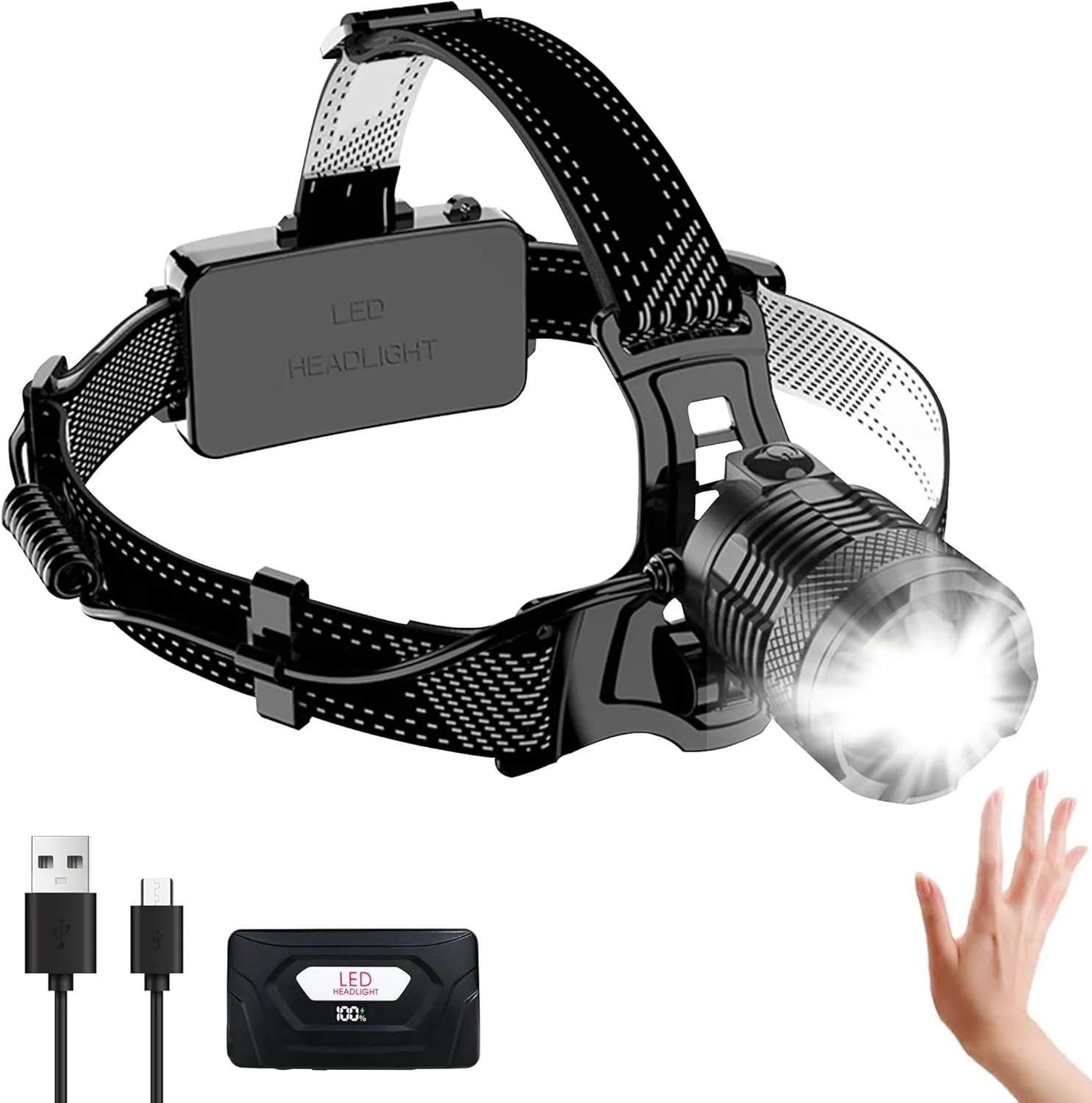 Headlamp Rechargeable -100,000LM Bright LED Head Lamp, 40H Runtime, Waterproof Head Lights for Forehead, 3Mode Headlight 90° Adjustable & Zoomable Headlamps for Adults Camping Fishing Hiking