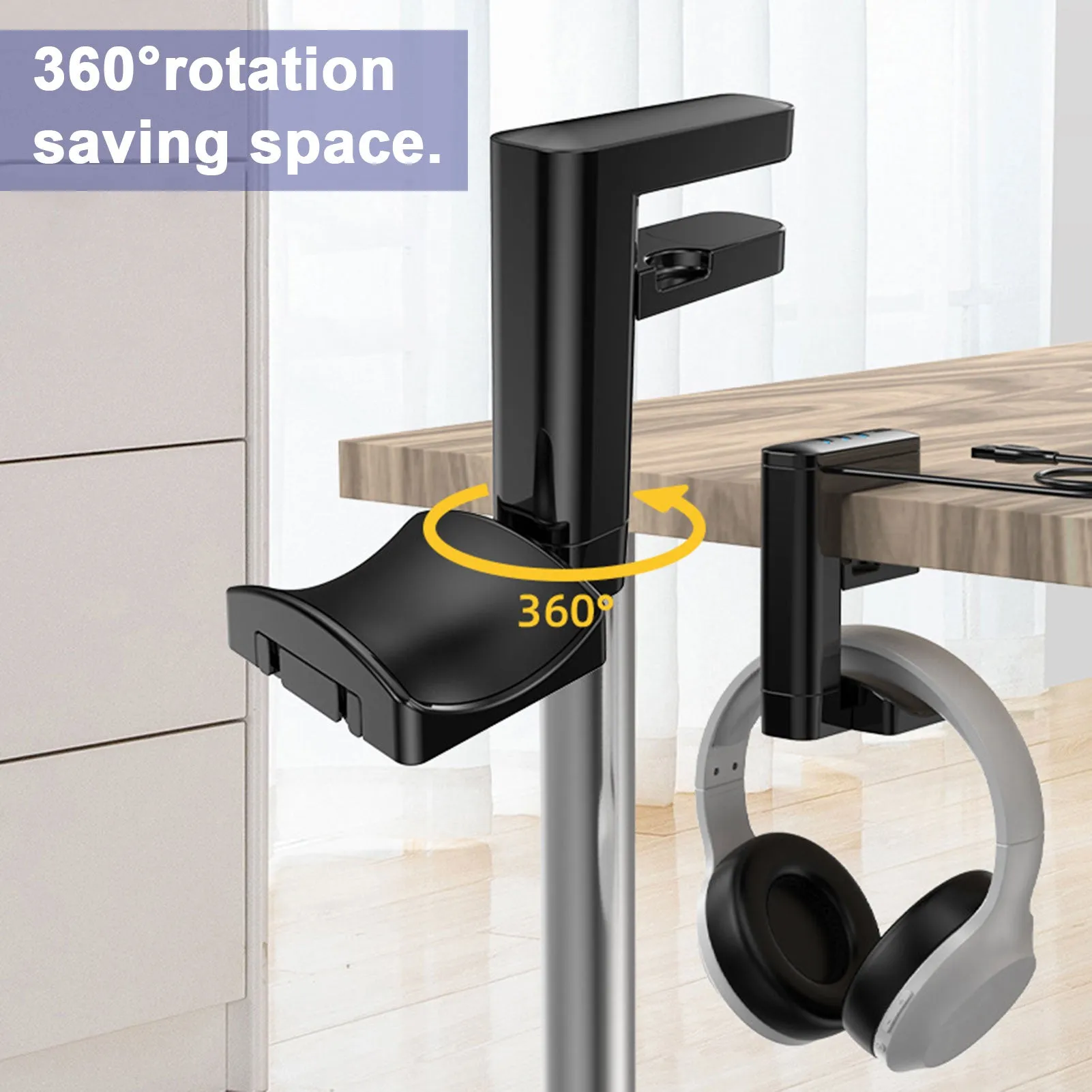 Headphone Bracket Swivel Mounted PCHeadset Display Stand Holder With USB Ports Hub Under Desk Earphones Hanger Hook