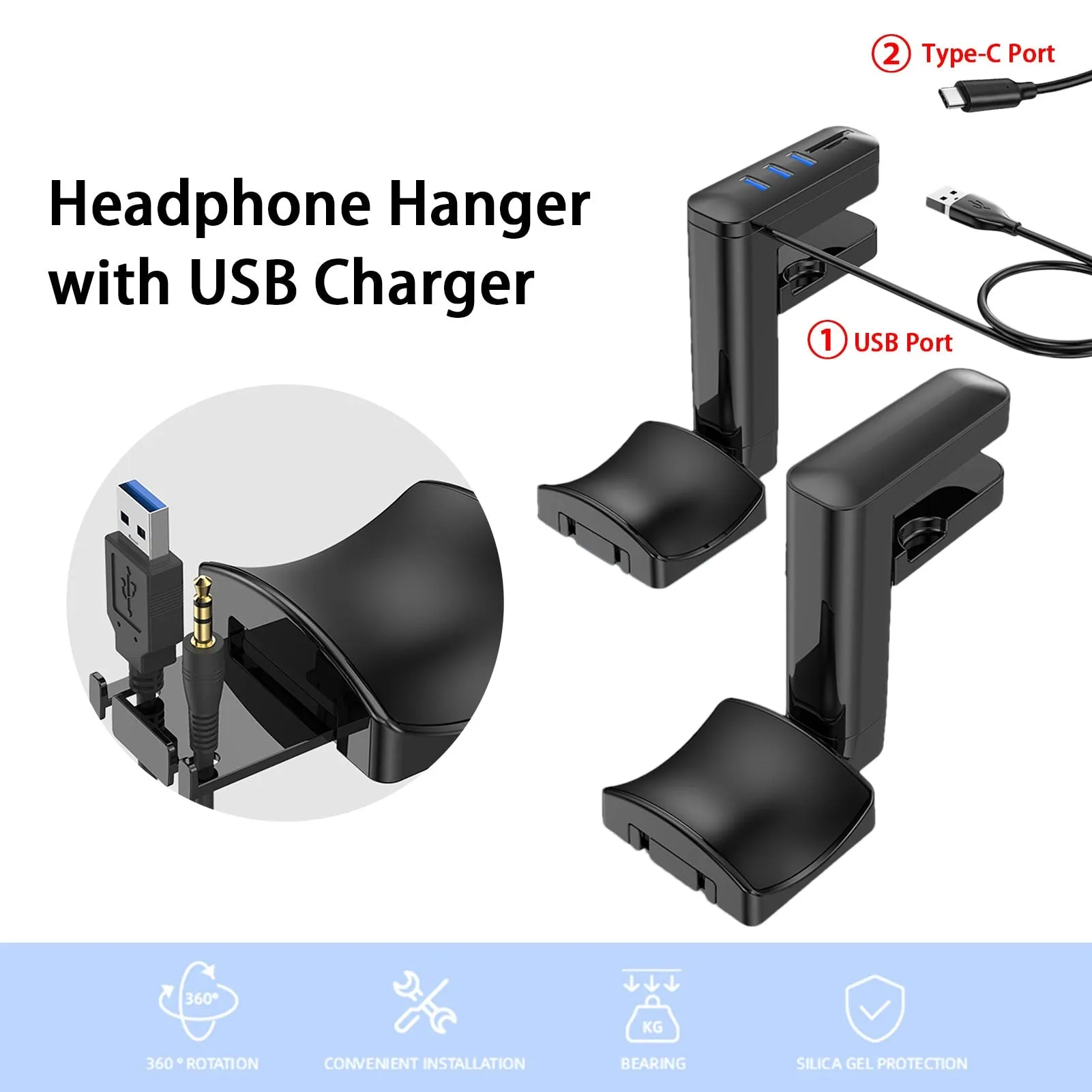 Headphone Bracket Swivel Mounted PCHeadset Display Stand Holder With USB Ports Hub Under Desk Earphones Hanger Hook