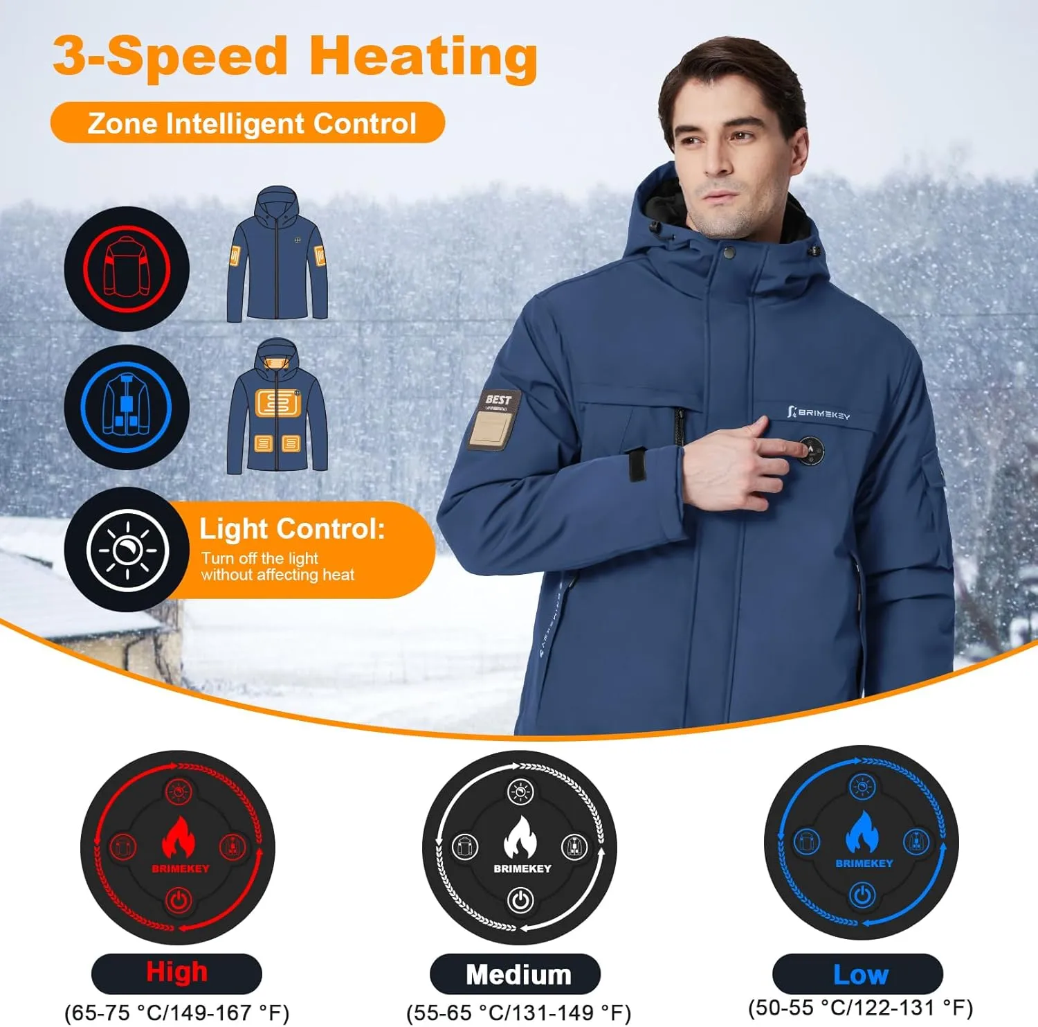 Heated Jacket for Men with Fleece Lining 12000mAh Battery Pack Windproof Waterproof Mens Heated Coat Skiing Hunting