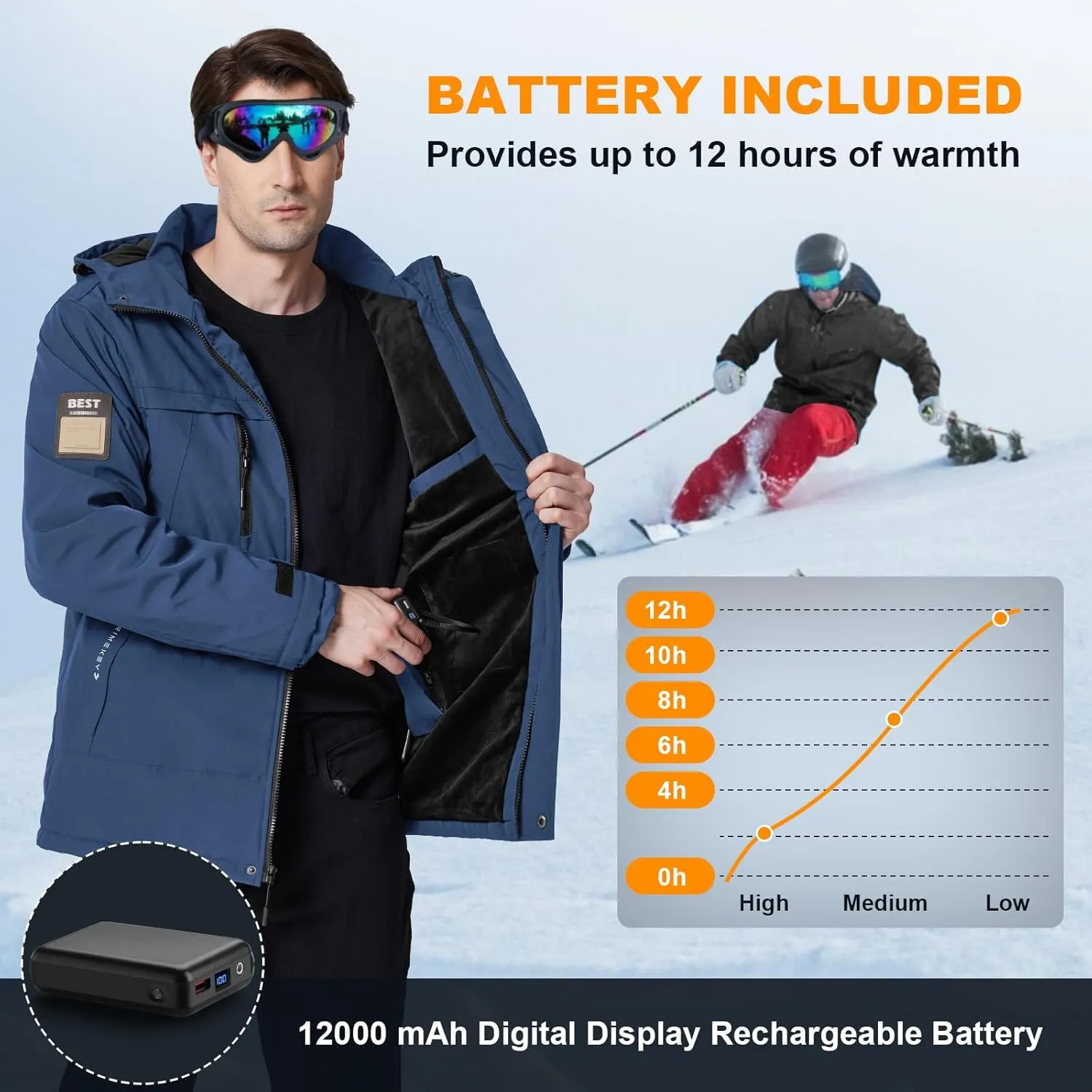 Heated Jacket for Men with Fleece Lining 12000mAh Battery Pack Windproof Waterproof Mens Heated Coat Skiing Hunting