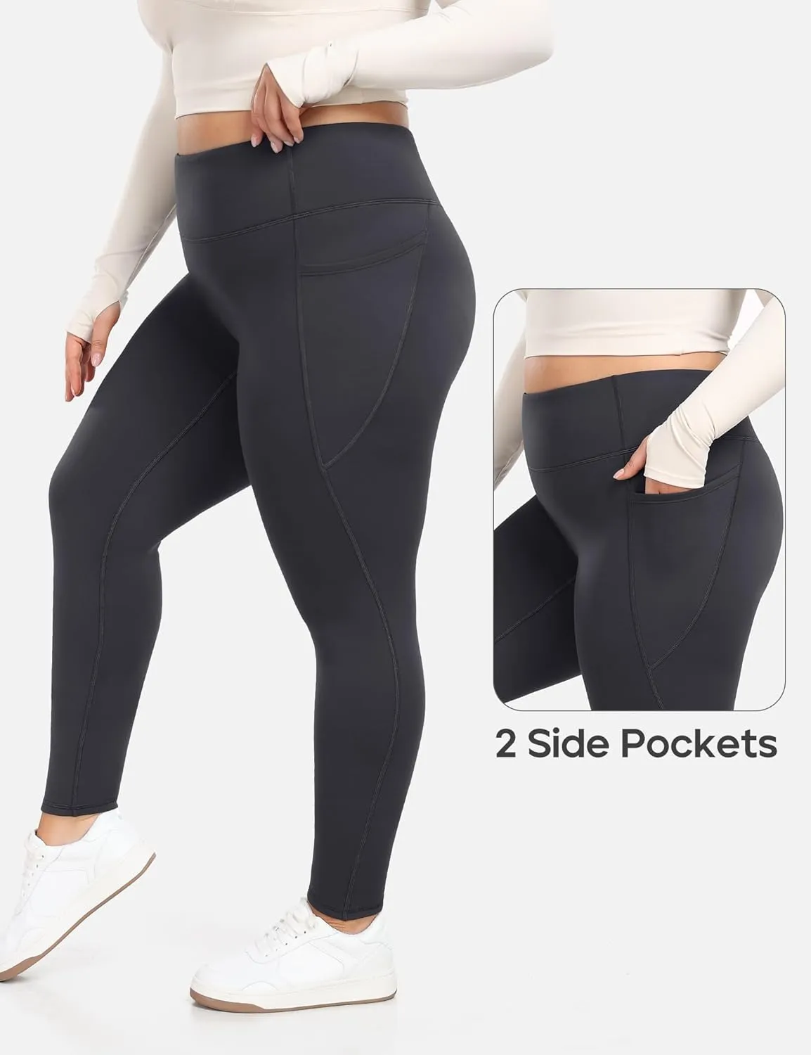 Heathyoga Fleece Lined Plus Size Leggings with Pockets Tummy Control Plus Size Pants for Women Workout Clothes XL-4XL