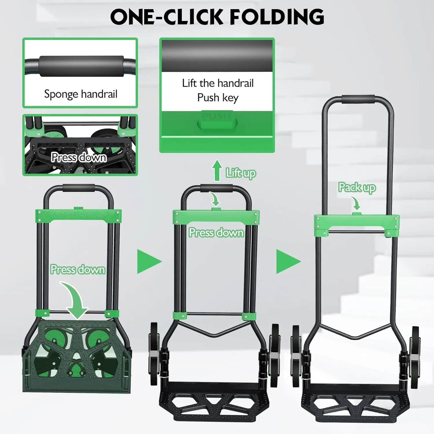 Heavy-Duty 330LB Capacity Hand Truck with Stair-Climbing Wheels & One-Touch Retractable Handle - Q235 Steel Collapsible Dolly Cart, 4.2-Inch Triple Wheels, Elastic Strap & Sponge Grip (Green)