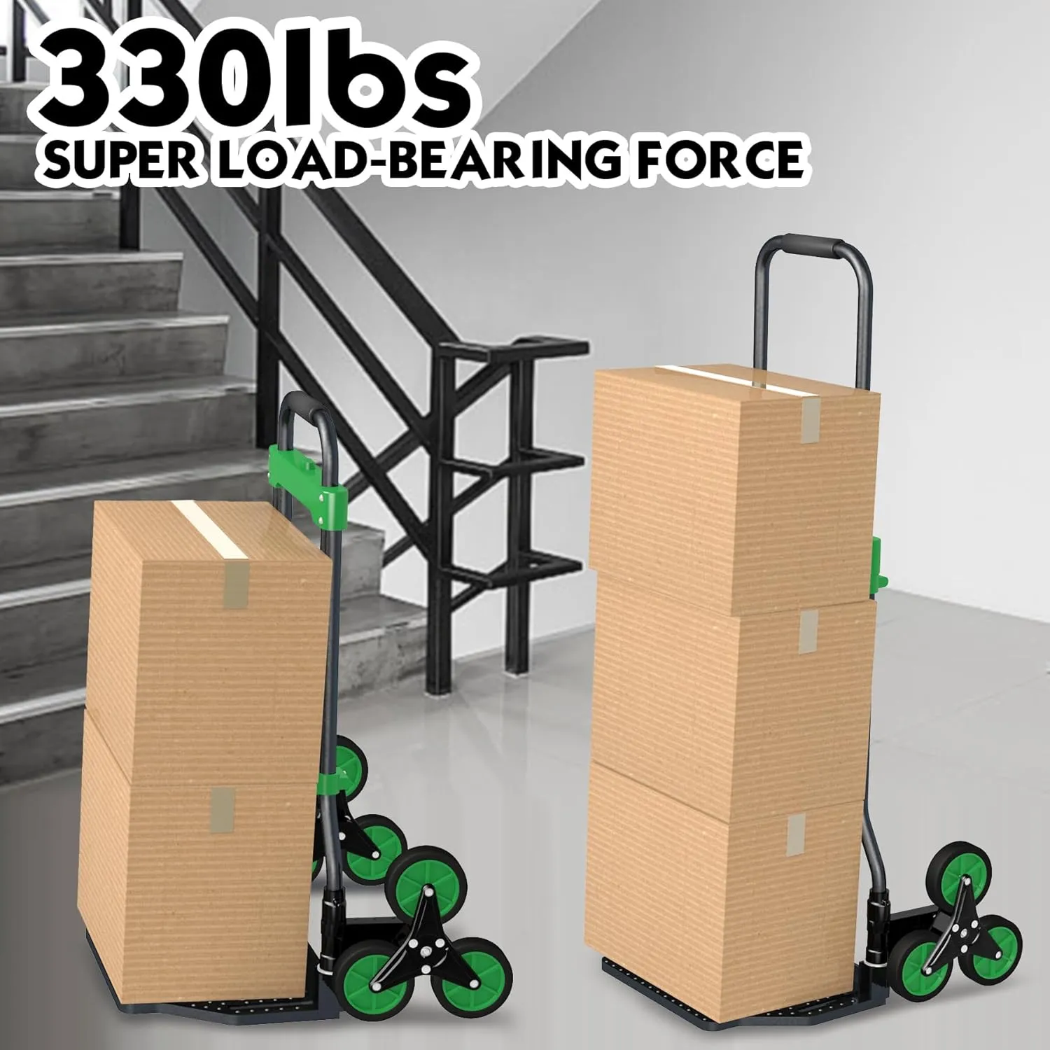 Heavy-Duty 330LB Capacity Hand Truck with Stair-Climbing Wheels & One-Touch Retractable Handle - Q235 Steel Collapsible Dolly Cart, 4.2-Inch Triple Wheels, Elastic Strap & Sponge Grip (Green)
