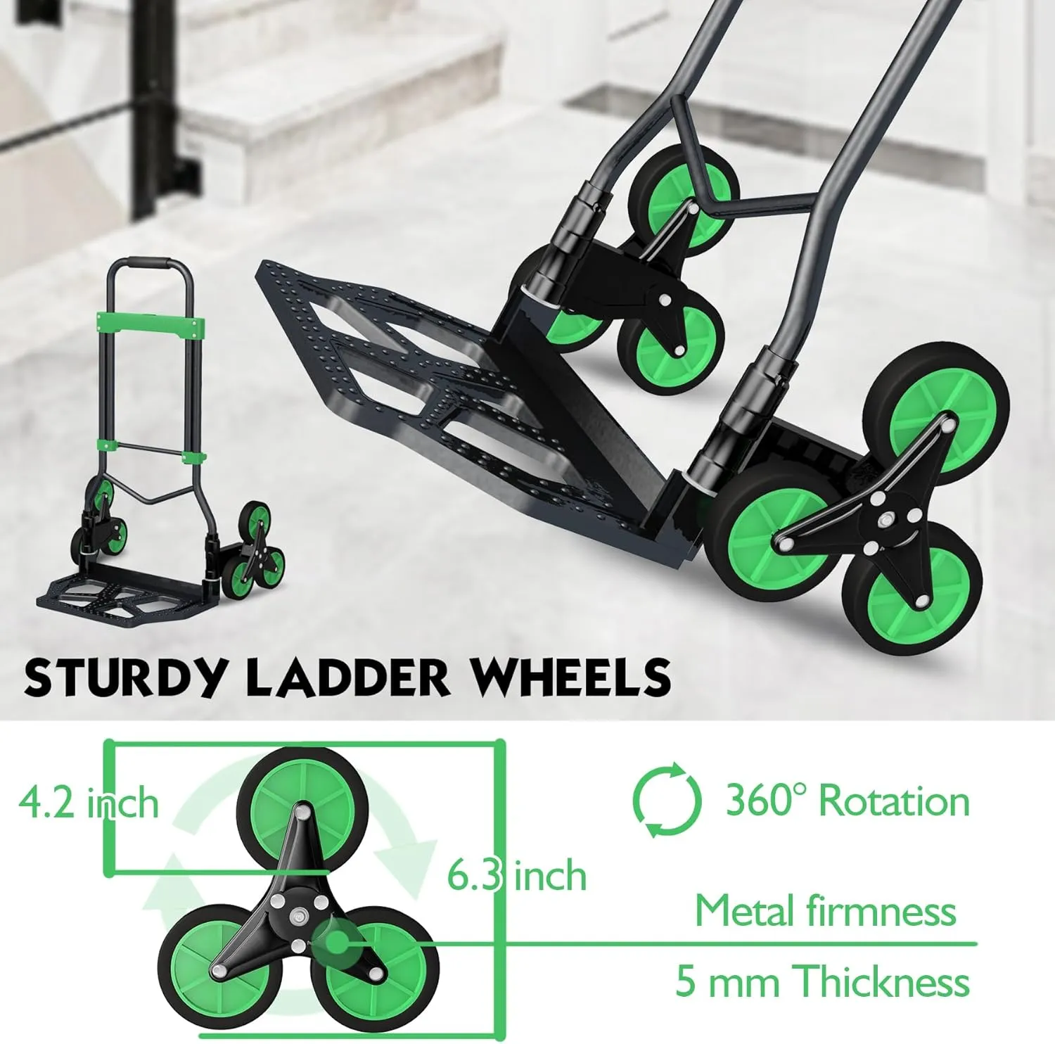 Heavy-Duty 330LB Capacity Hand Truck with Stair-Climbing Wheels & One-Touch Retractable Handle - Q235 Steel Collapsible Dolly Cart, 4.2-Inch Triple Wheels, Elastic Strap & Sponge Grip (Green)