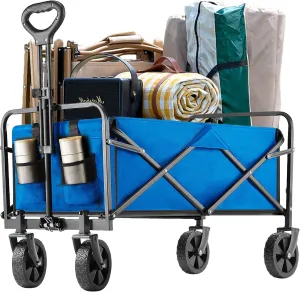 Heavy-Duty Collapsible Wagon Cart with Wheels 250lbs Capacity, Foldable Utility Cart for Camping Gardening Beach, All-Terrain Folding Carts with Reinforced Frame & Smooth Rolling Wheels, Blue