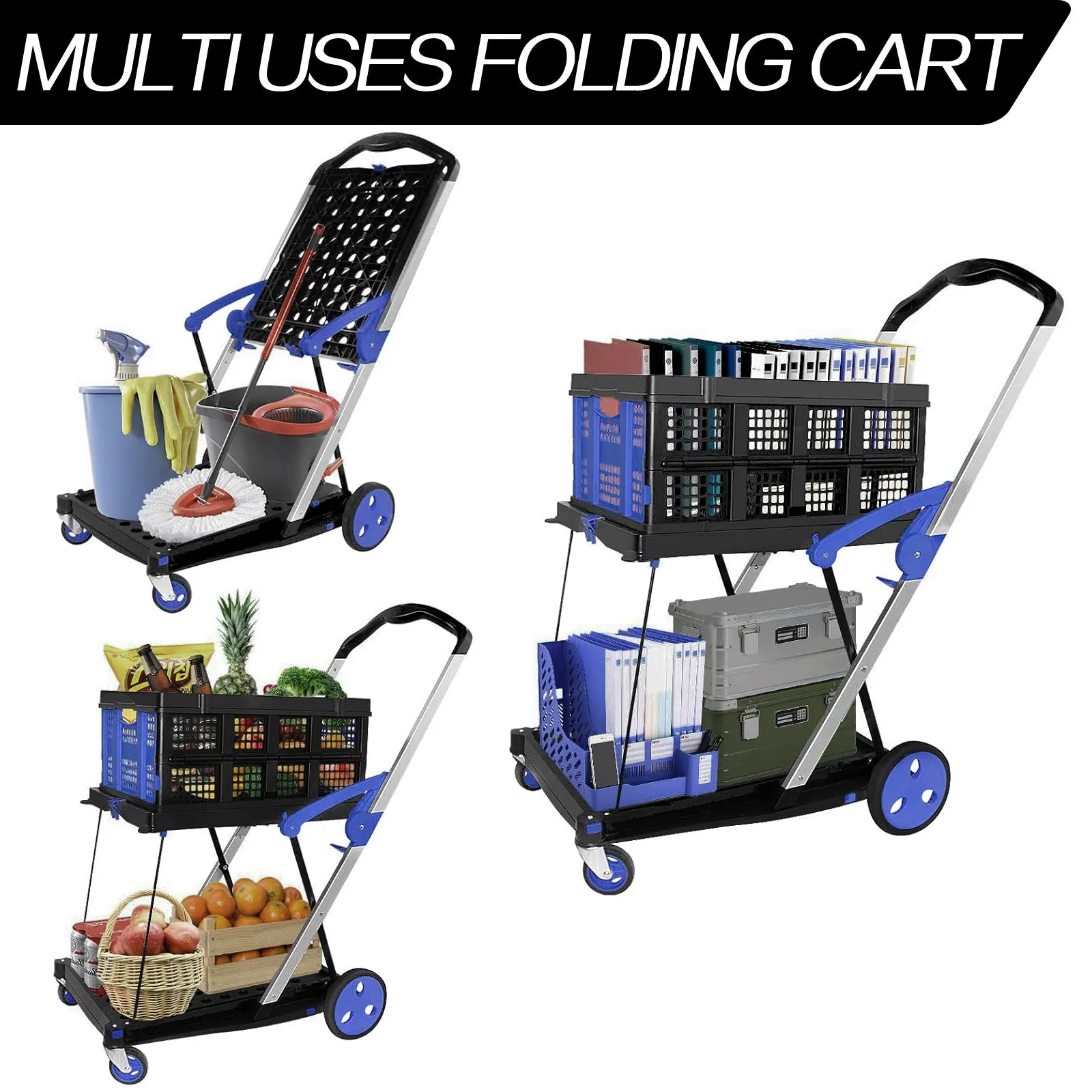 Heavy Duty Shopping Trolley Cart Foldable Utility Cart Multiple Uses Cart With Basket