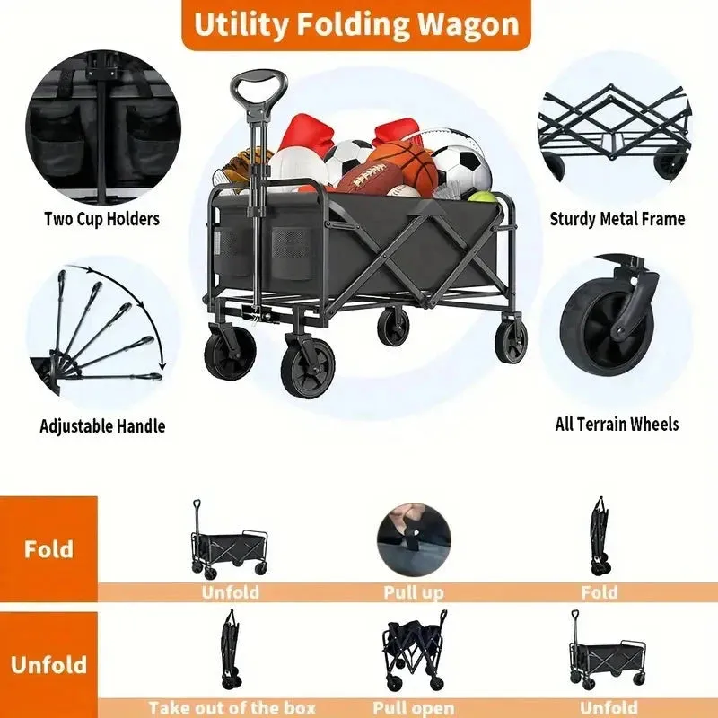Heavy Duty Utility Portable Foldable Outdoor Beach Garden Wagon Cart with 360° All Terrain Wheels