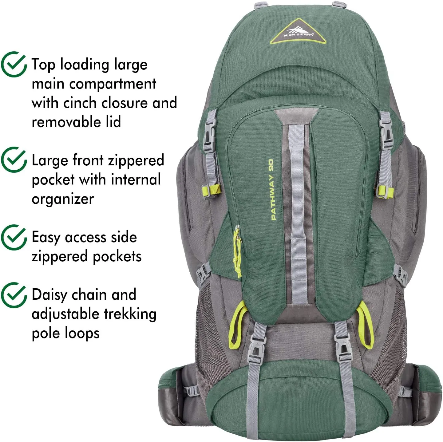 High Sierra Pathway Internal Frame Hiking Backpack, Pine/Slate/Chartreuse, 90L