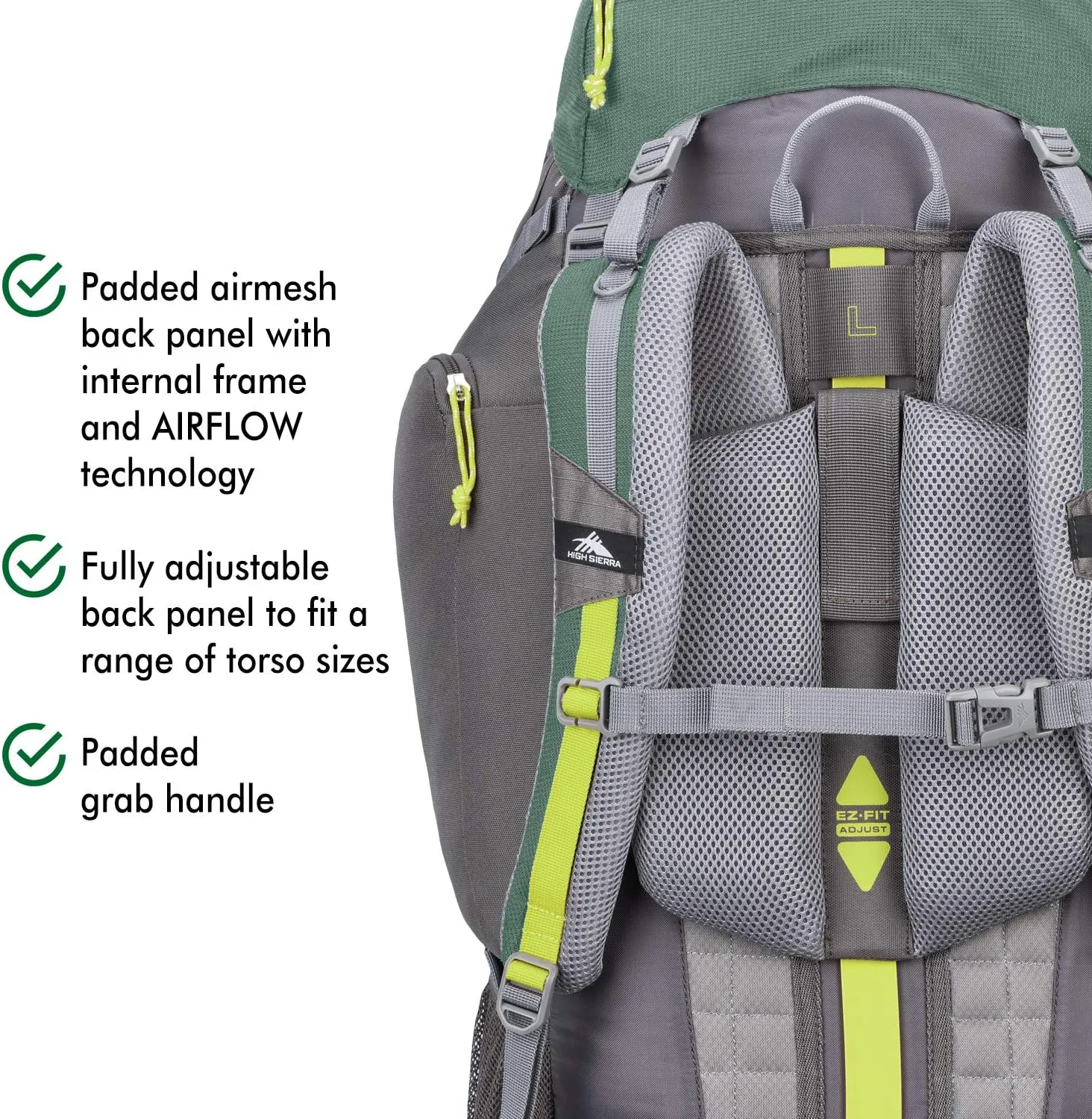 High Sierra Pathway Internal Frame Hiking Backpack, Pine/Slate/Chartreuse, 90L