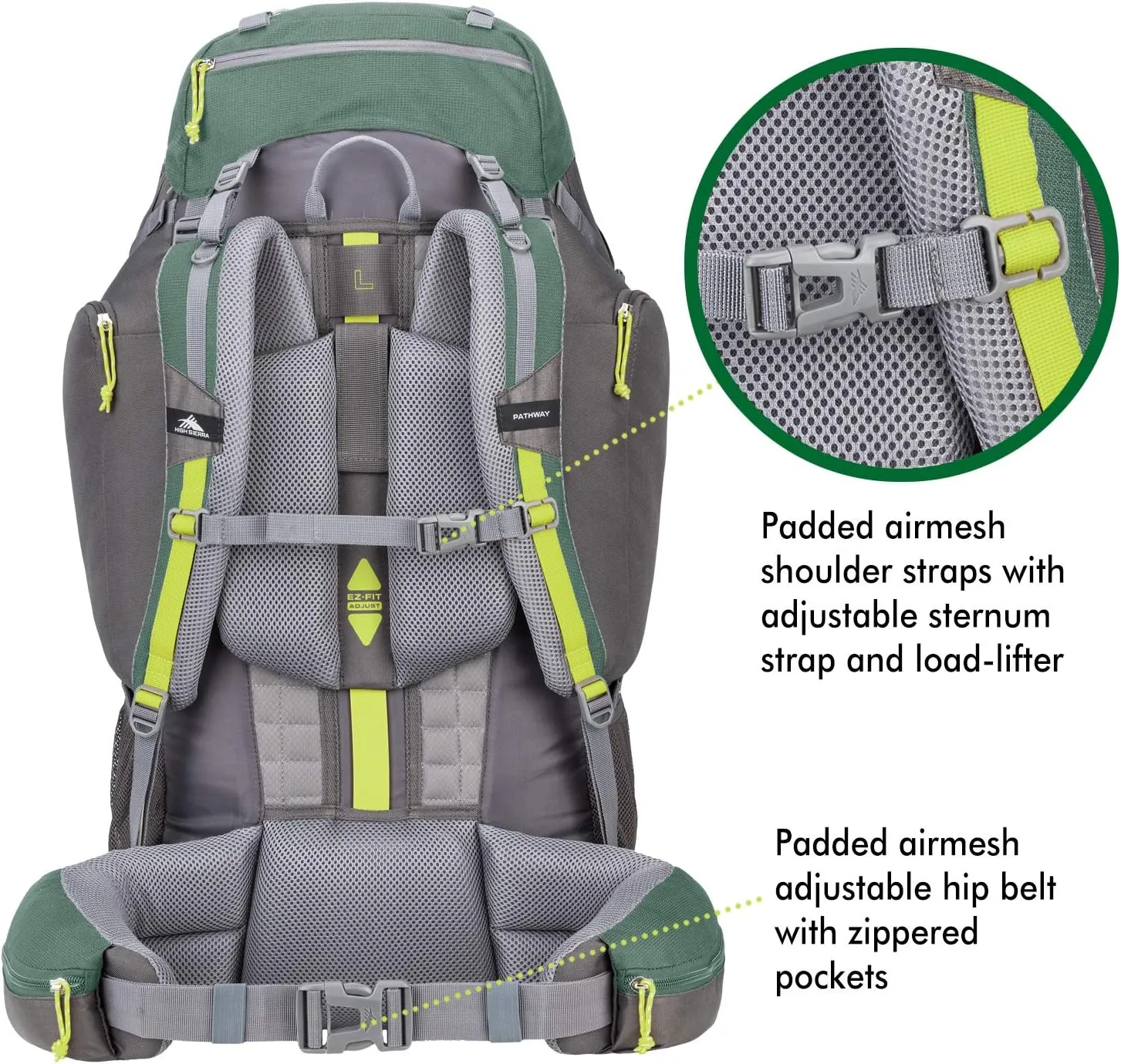 High Sierra Pathway Internal Frame Hiking Backpack, Pine/Slate/Chartreuse, 90L