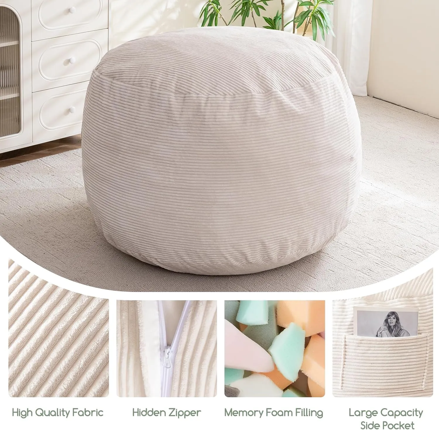 HIGOGOGO Giant Bean Bag Chair Bed for Adults,Convertible Beanbag Folds from Lazy Chair to Floor Mattress Bed,Large Floor Sofa Couch for Adult,Couples,Family, Machine Washable, Beige