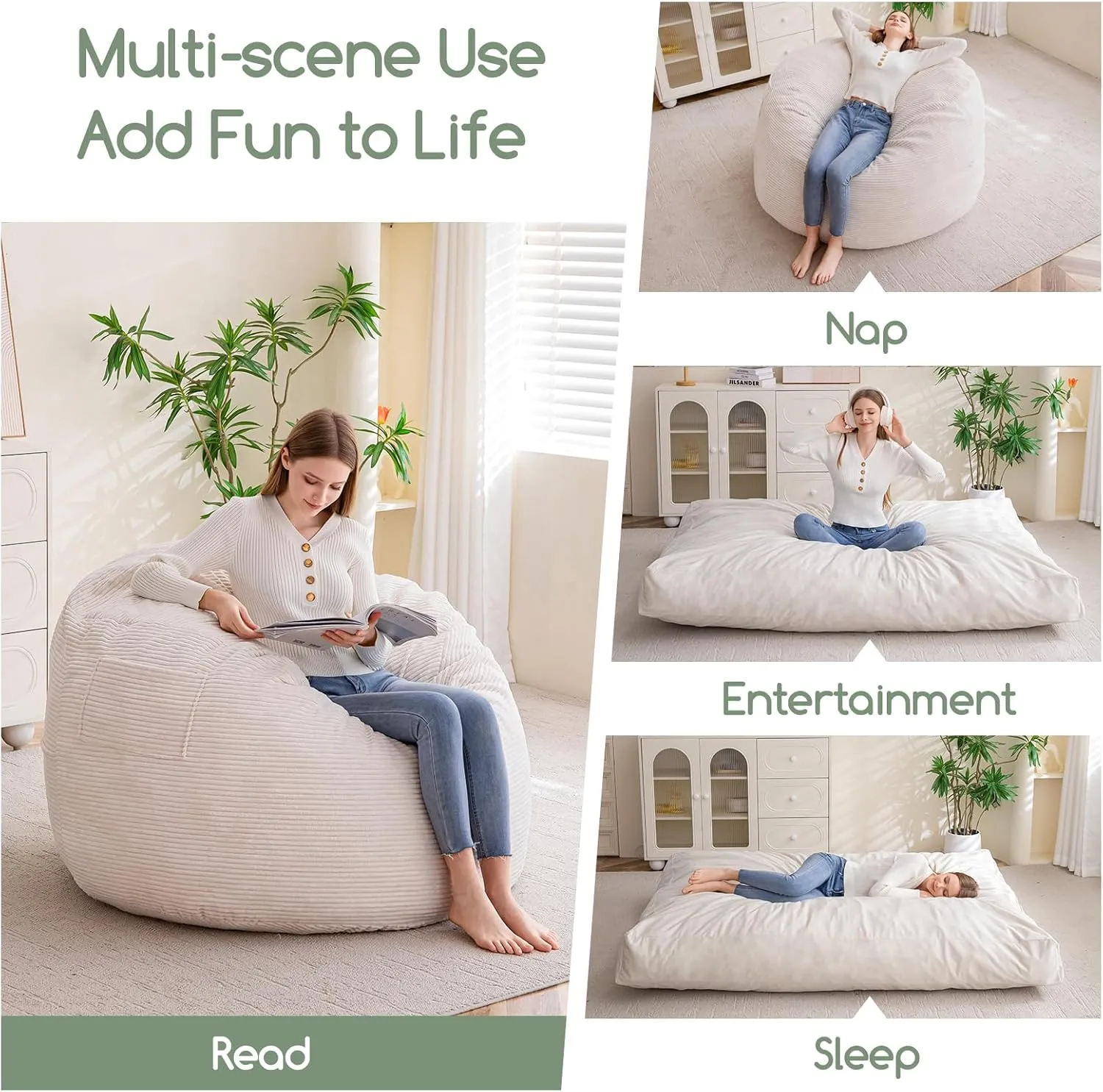 HIGOGOGO Giant Bean Bag Chair Bed for Adults,Convertible Beanbag Folds from Lazy Chair to Floor Mattress Bed,Large Floor Sofa Couch for Adult,Couples,Family, Machine Washable, Beige