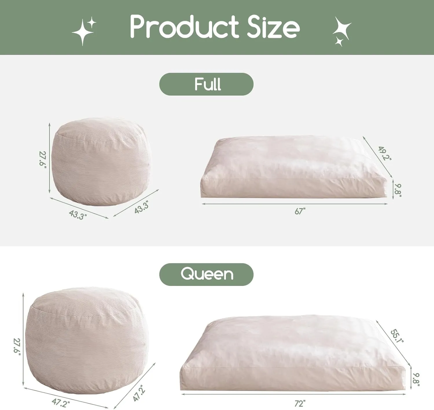 HIGOGOGO Giant Bean Bag Chair Bed for Adults,Convertible Beanbag Folds from Lazy Chair to Floor Mattress Bed,Large Floor Sofa Couch for Adult,Couples,Family, Machine Washable, Beige