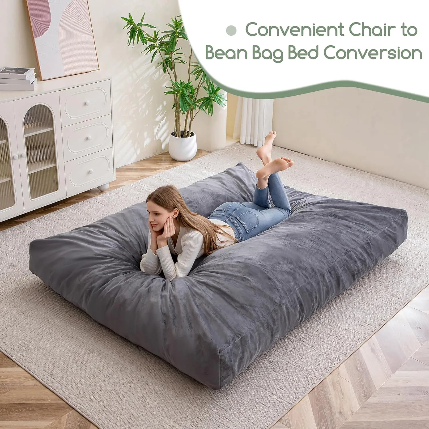 HIGOGOGO Giant Bean Bag Chair Bed for Adults,Convertible Beanbag Folds from Lazy Chair to Floor Mattress Bed,Large Floor Sofa Couch with High-Density Foam Filling, Machine Washable
